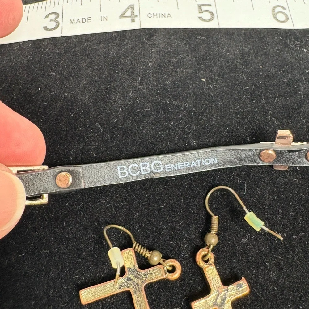 Gold Tone and Rhinestone Cross Earrings and Bracelet Set